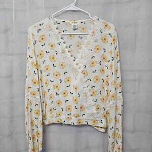LA Gypsy Blouse White Yellow Floral Crochet Boho Festival Hippie L